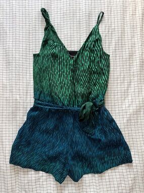 Club Monaco Black and Emerald Green Striped Silk Romper